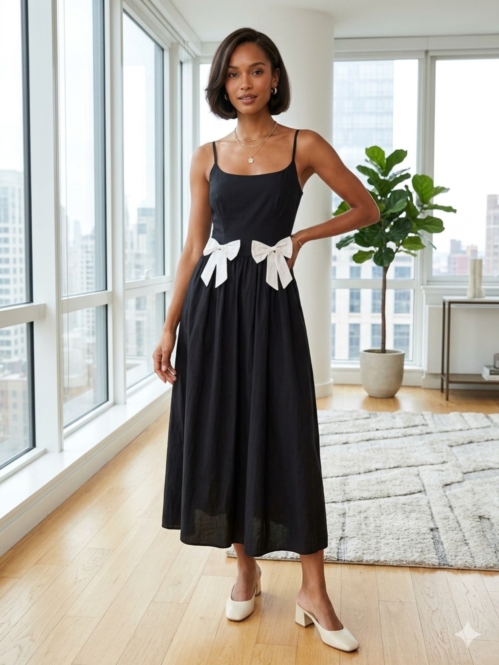Lena Black Midi Dress White Waist Bows Coquette Romantic Classic Chic Preppy S